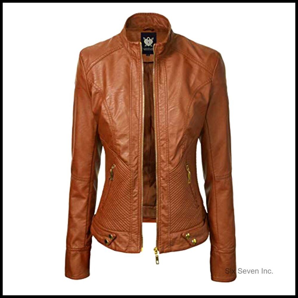 Slim Fit Vegan Leather Moto Jacket Women's Faux Leather Biker Coat - Picture 4 of 7